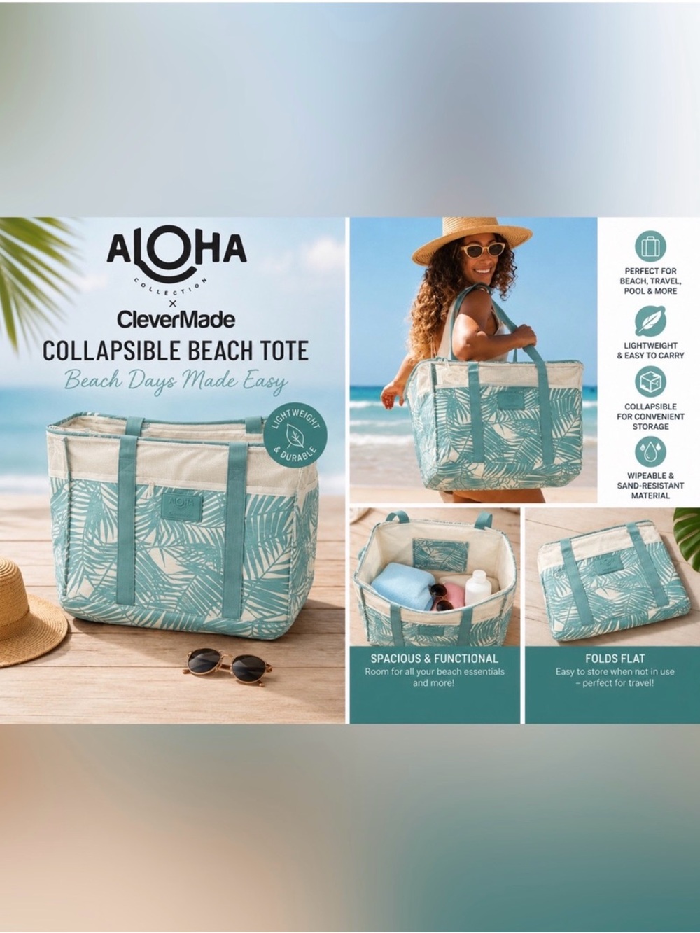 ALOHA Collection Teal Palm Print Collapsible Tote
